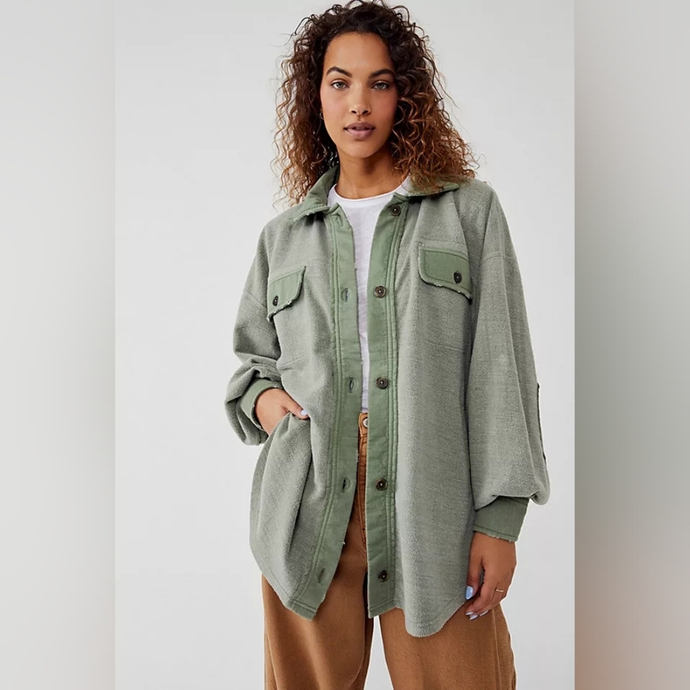 Free People Ruby Oversized Fleece Shacket Jacket XS Olive Green